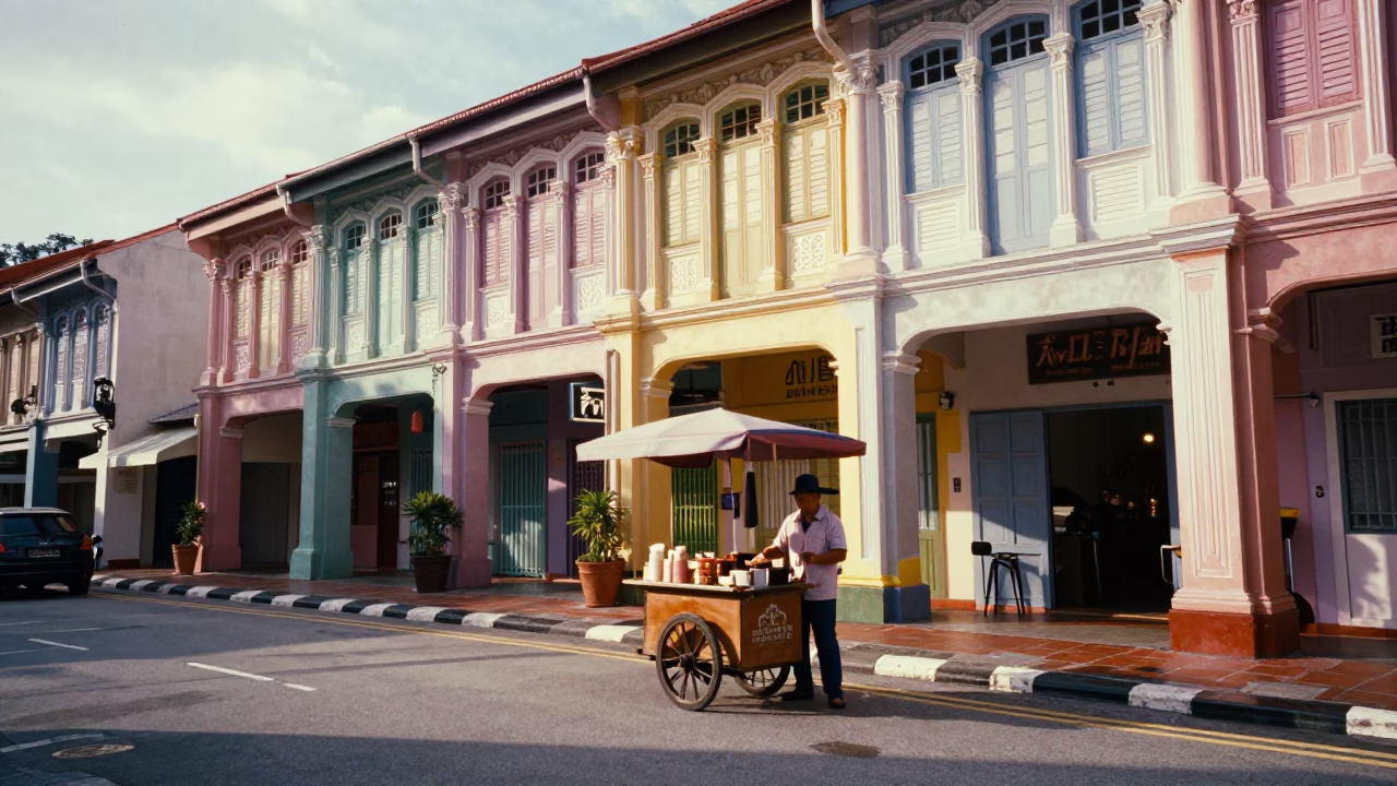 Late Morning Street Scene in Singapore with Lassi and Sugar Bowl in in Singapore, Singapore