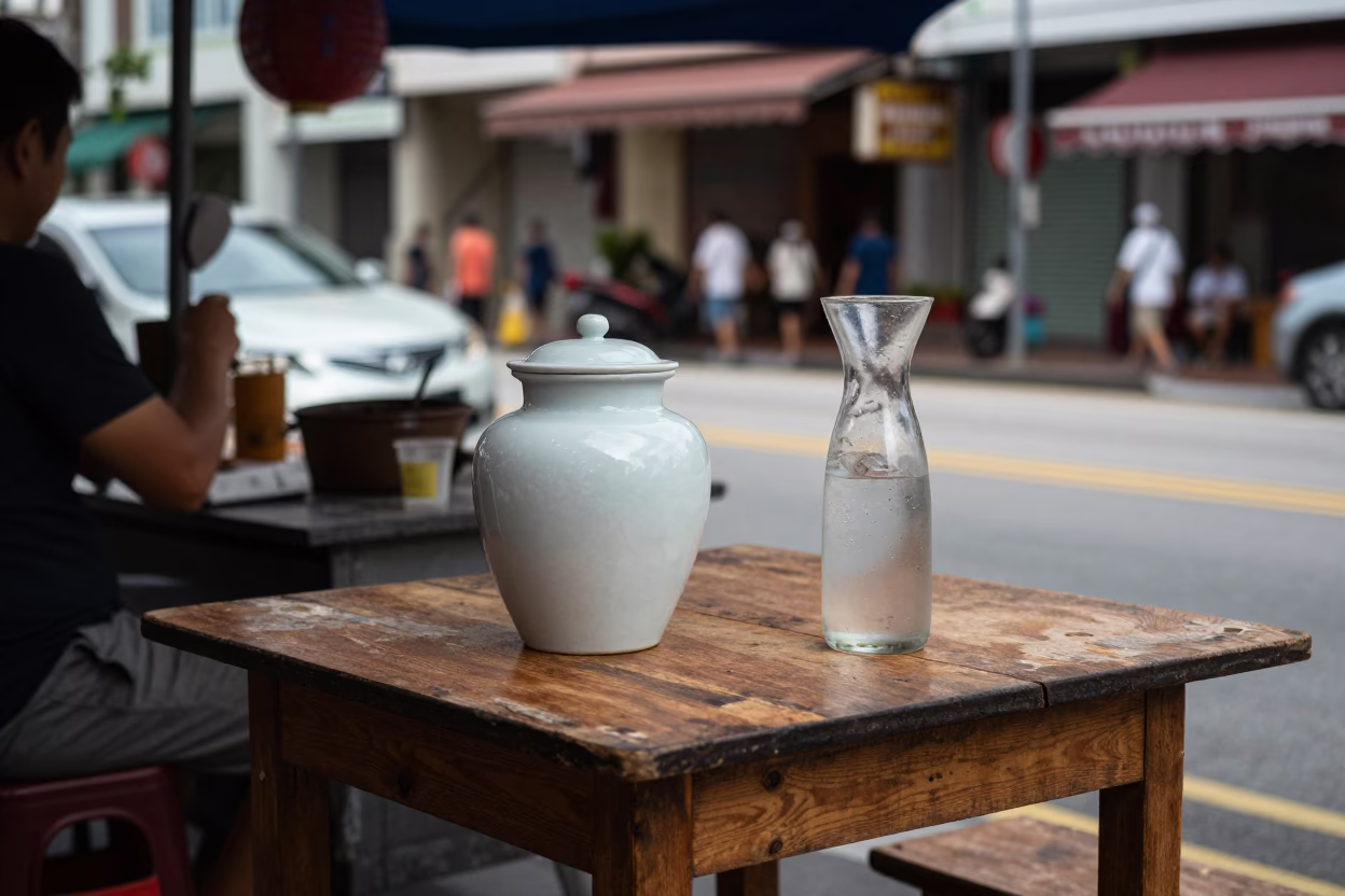 Late Morning Street Scene in Singapore with Porcelain Jar and Carafe on Sidewalk Table in in Singapore, Singapore