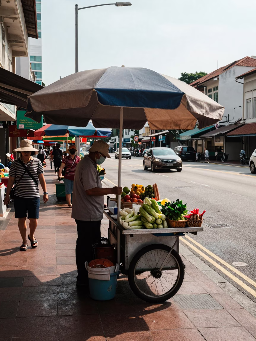 Late Morning Street Scene in Singapore with Sun Hats and Pollen on Sill in in Singapore, Singapore