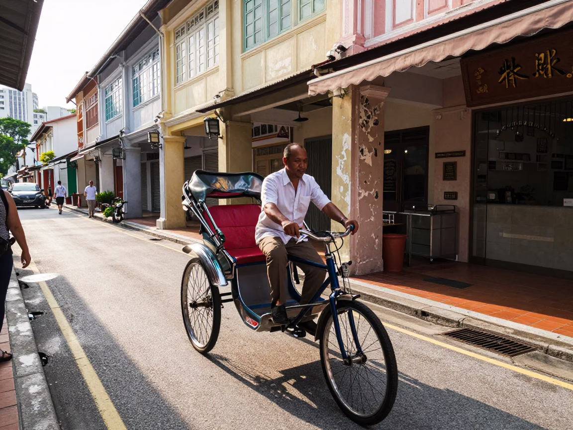 Late Morning Street Scene in Singapore with Traditional Rickshaw and Urban Details in in Singapore, Singapore