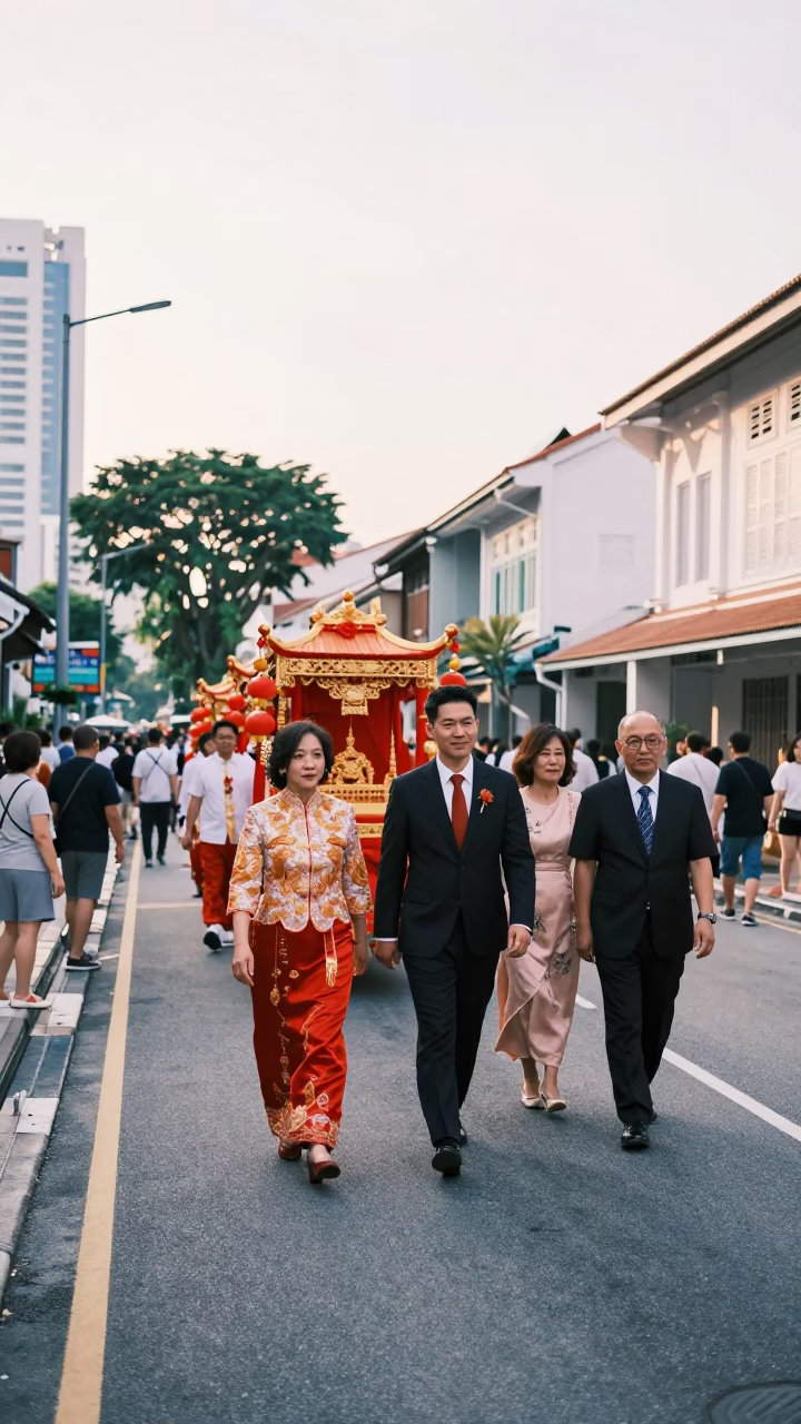 Late Morning Street Scene in Singapore with Traditional Wedding Procession and Urban Architecture in in Singapore, Singapore