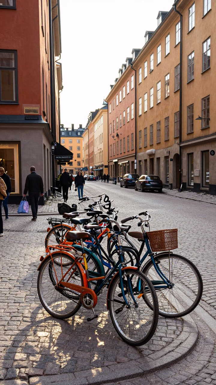 Late morning street scene in Stockholm Sweden with colorful vintage bicycles and traditional architecture in in Stockholm, Sweden
