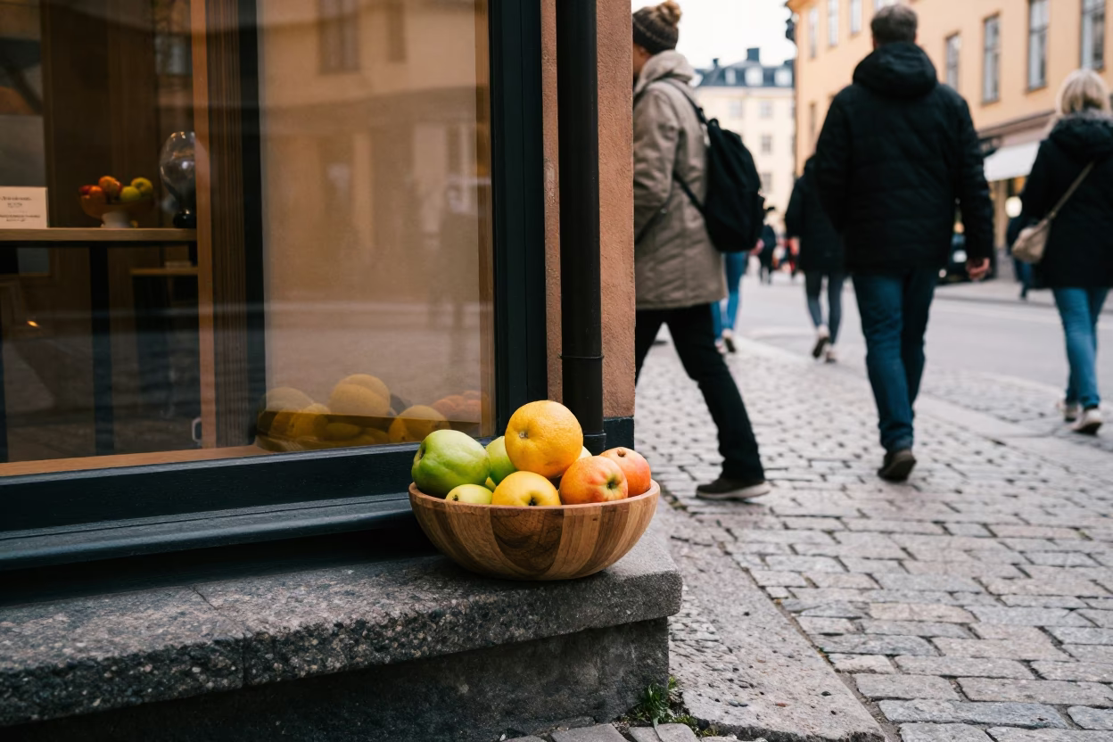 Late Morning Street Scene in Stockholm Sweden with Fruit Bowl and Sewing Tools in in Stockholm, Sweden