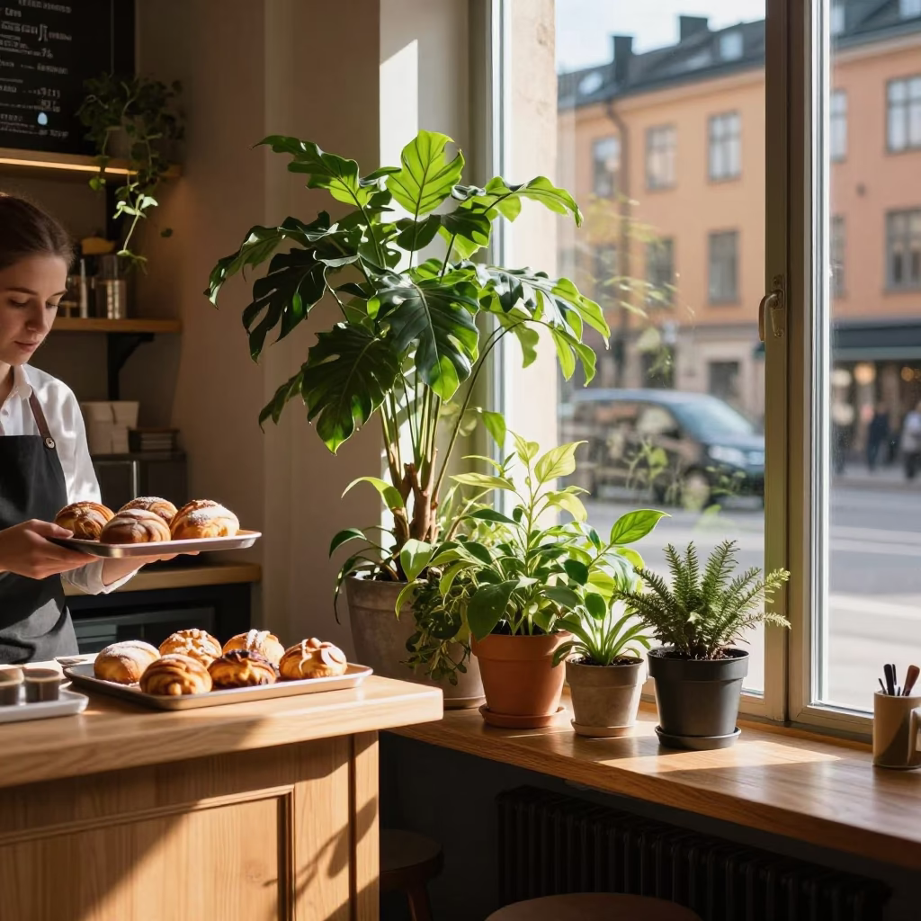 Late Morning Street Scene in Stockholm Sweden with Houseplants and Wooden Interiors in in Stockholm, Sweden