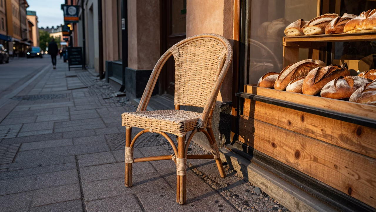 Late Morning Street Scene in Stockholm Sweden with Rattan Chair and Bread Loaves in in Stockholm, Sweden