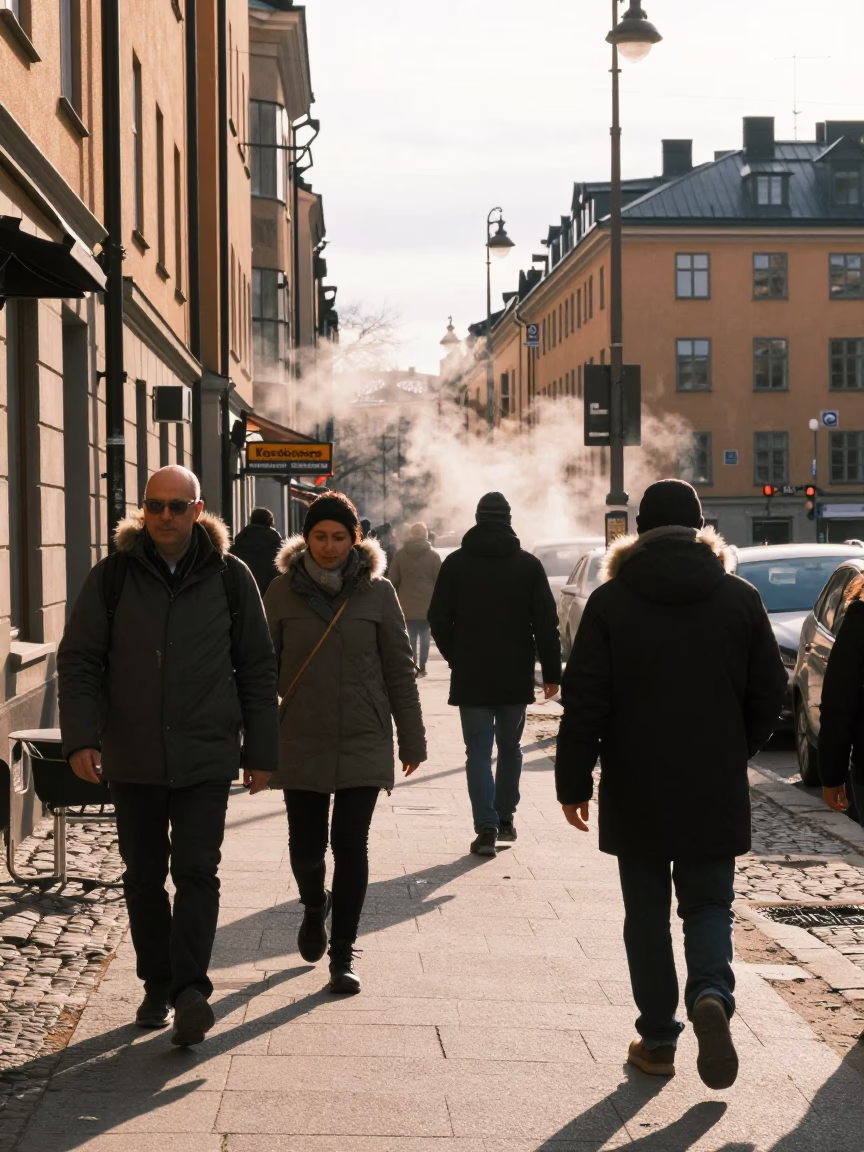 Late Morning Street Scene in Stockholm Sweden with Steaming District Heating Pipe and Frost in in Stockholm, Sweden
