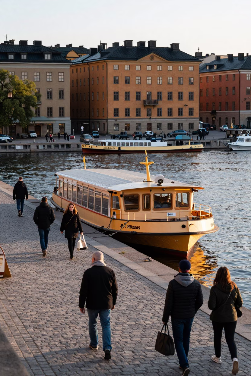 Late Morning Street Scene in Stockholm Sweden with Water Taxi and Floating Dock in in Stockholm, Sweden
