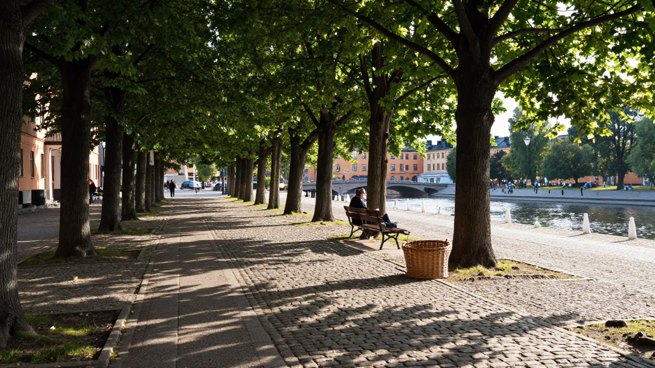 Late Morning Street Scene in Stockholm Sweden with Wicker Hamper in in Stockholm, Sweden