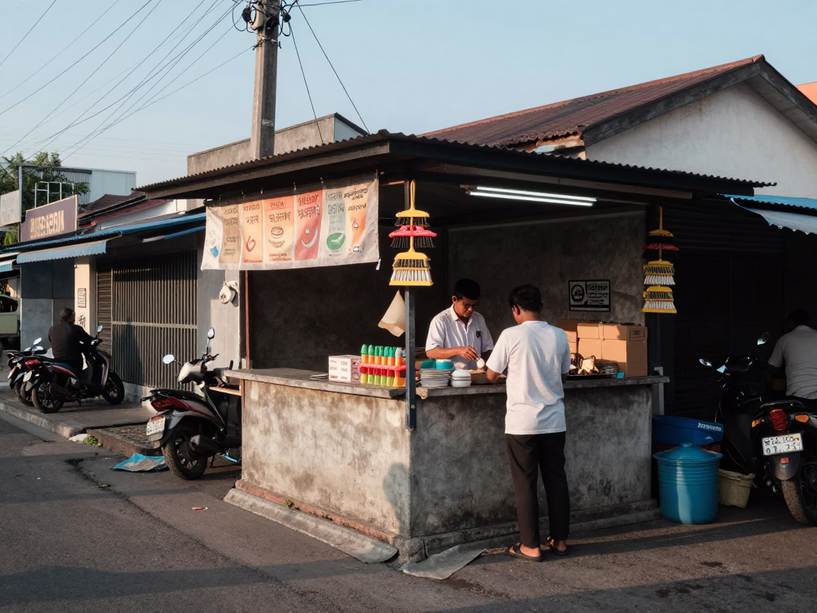 Late Morning Street Scene in Surabaya Indonesia with Dish Brushes and Towel in in Surabaya, Indonesia