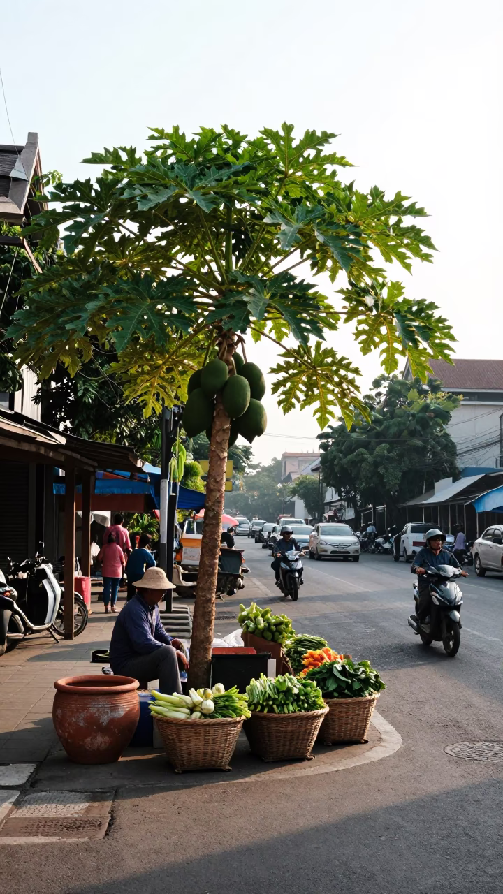 Late Morning Street Scene in Surabaya Indonesia with Papaya Tree and Terracotta Pot in in Surabaya, Indonesia