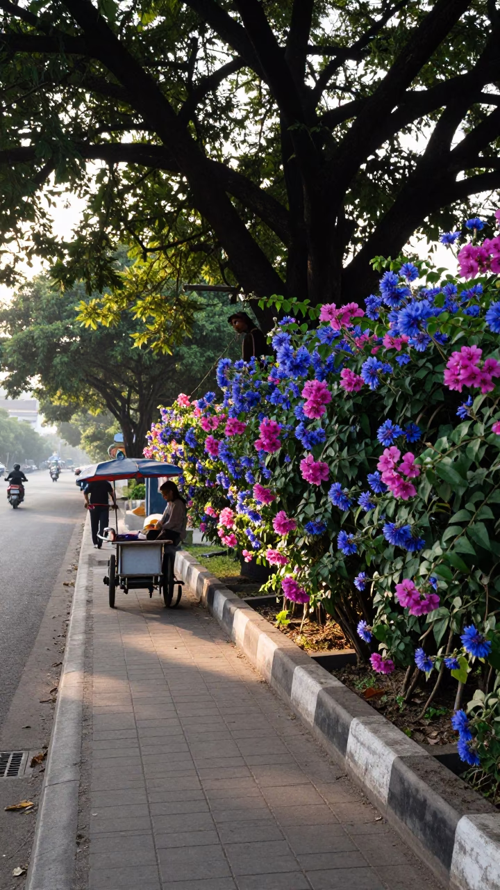 Late Morning Street Scene in Surabaya Indonesia with Plumbago Hedge and Wrench in in Surabaya, Indonesia