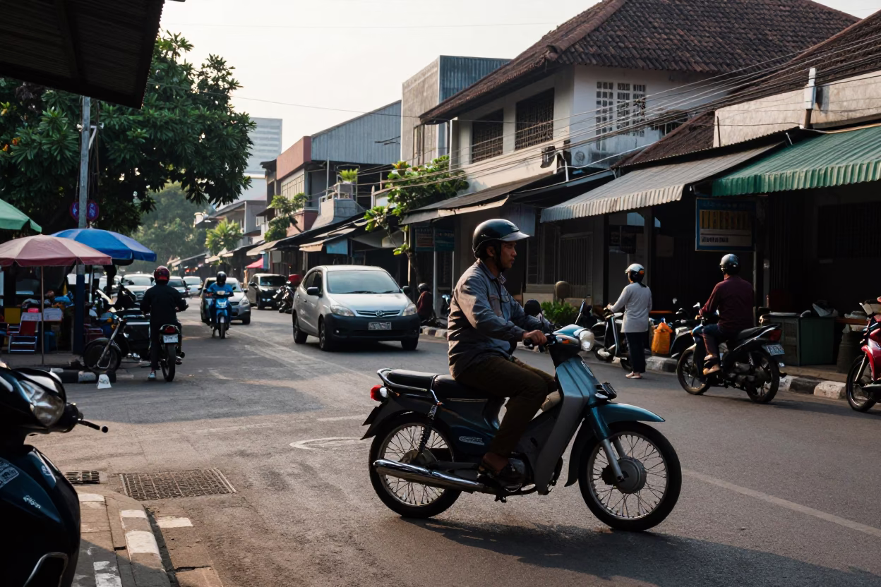 Late Morning Street Scene in Surabaya Indonesia with Vintage Motorbike and Mug in in Surabaya, Indonesia