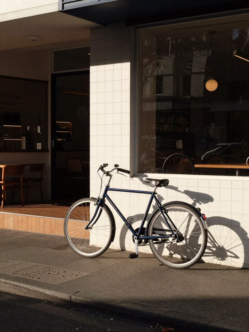 Late Morning Street Scene in Sydney with Bicycle Leaning Against Cafe Exterior in in Sydney, New South Wales, Australia