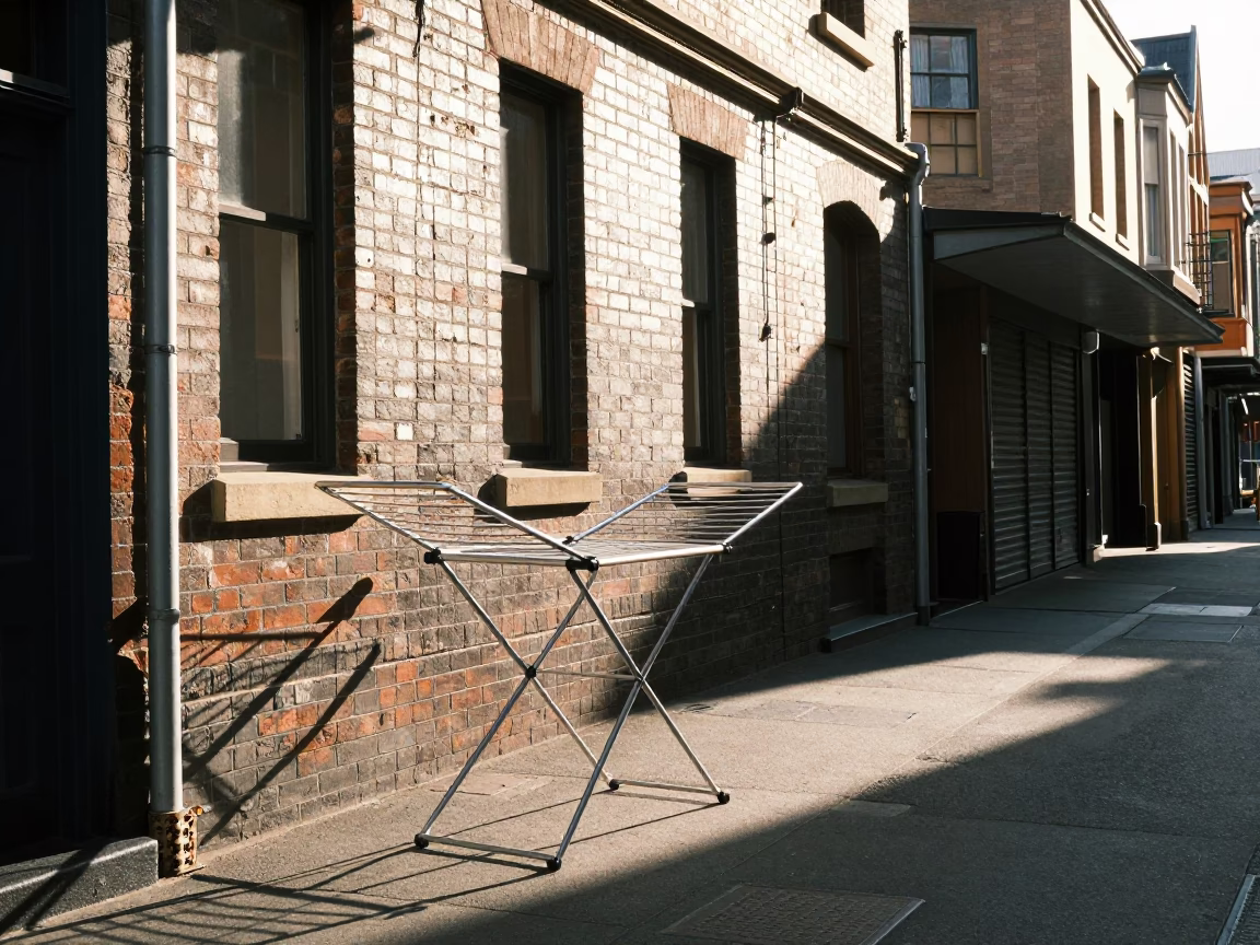 Late Morning Street Scene in Sydney with Drying Rack and Solar Array Reflections in in Sydney, New South Wales, Australia