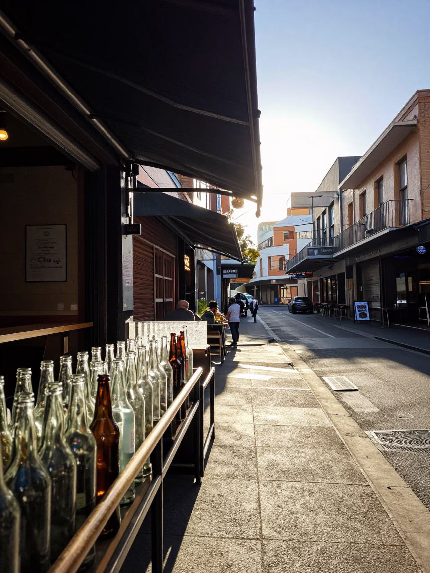 Late Morning Street Scene in Sydney with Glass Bottles and Bananas in in Sydney, New South Wales, Australia