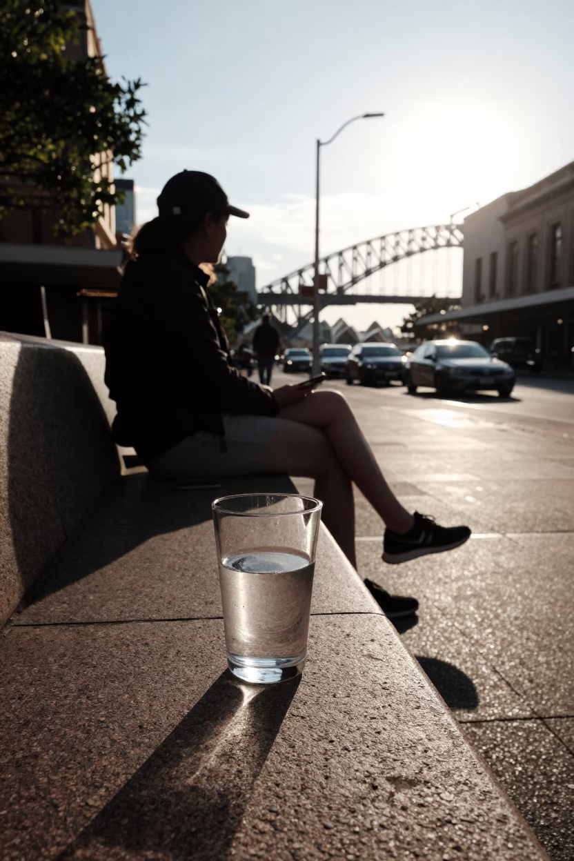 Late Morning Street Scene in Sydney with Glass Tumbler and Knitting Basket in in Sydney, New South Wales, Australia