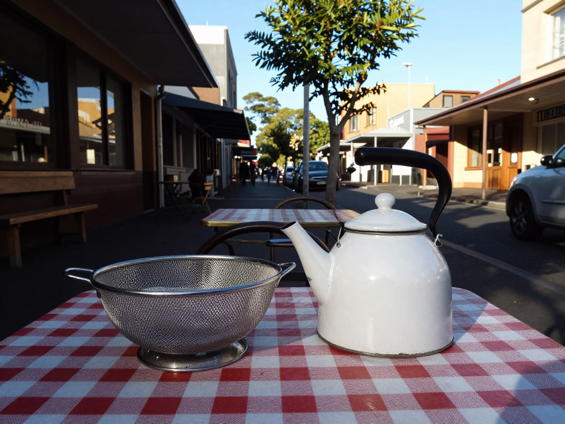 Late Morning Street Scene in Sydney with Kettle and Colander on Table in in Sydney, New South Wales, Australia