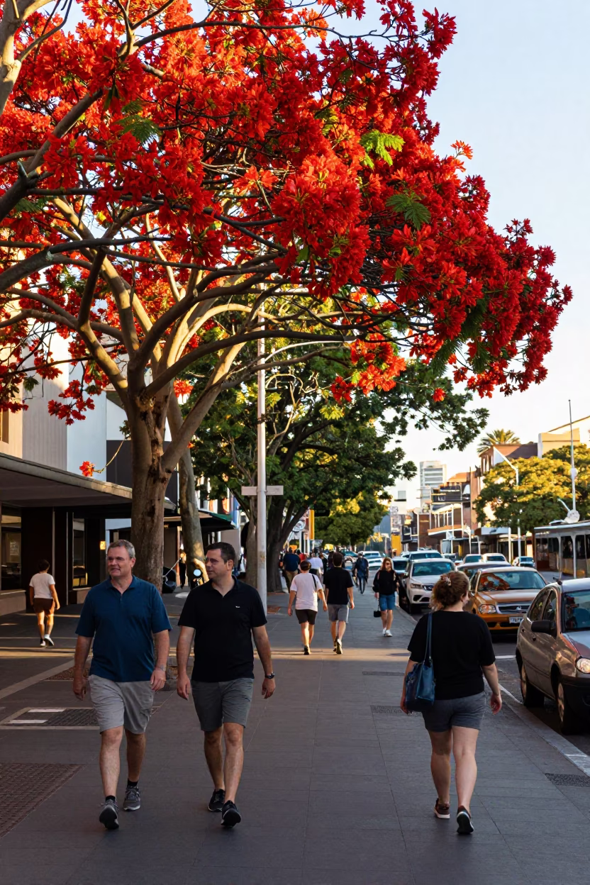 Late Morning Street Scene in Sydney with Red Flame Tree Bloom and Vintage Pedestrians in in Sydney, New South Wales, Australia