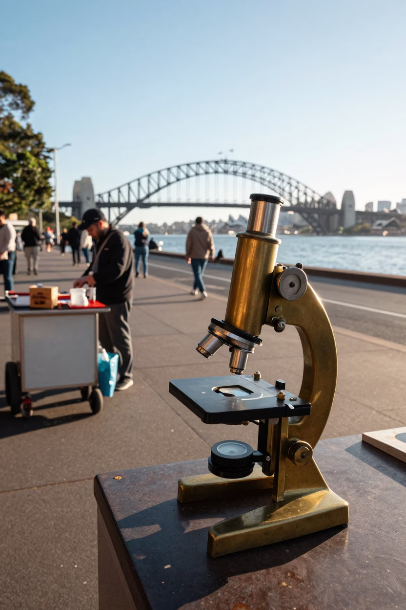 Late Morning Street Scene in Sydney with Vintage Brass Microscope and Tea Towel in in Sydney, New South Wales, Australia