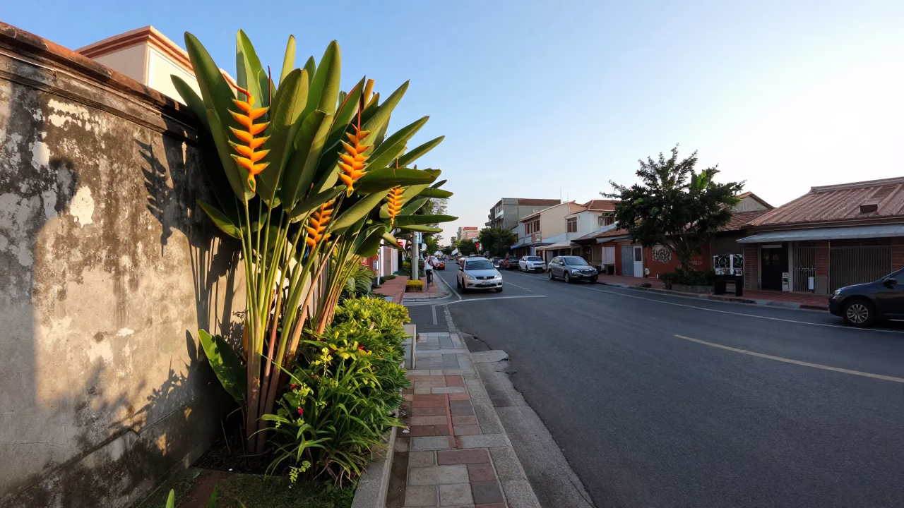 Late Morning Street Scene in Tainan Taiwan with Heliconia and Urban Life in in Tainan, Taiwan