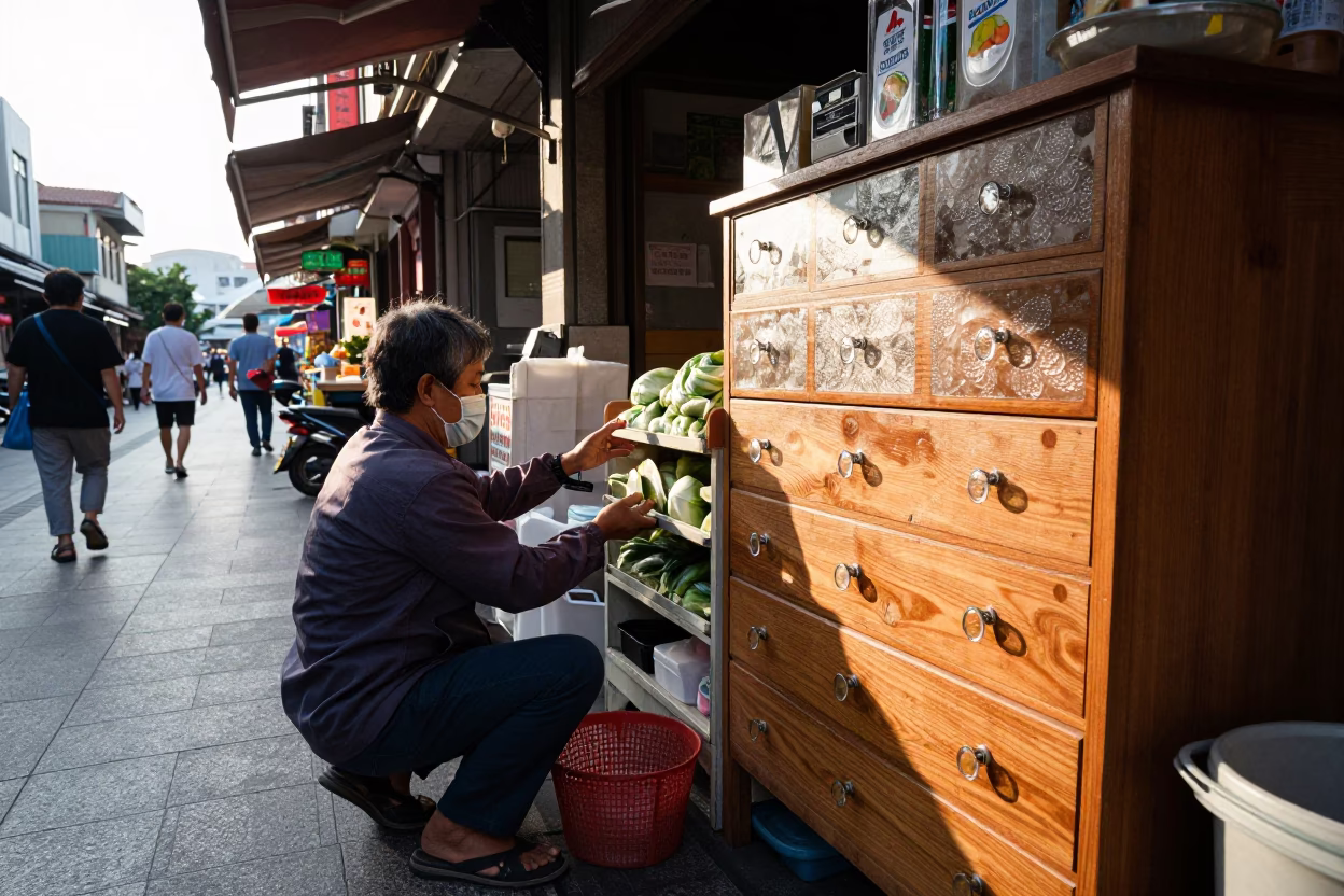 Late Morning Street Scene in Tainan Taiwan with Local Food and Urban Details in in Tainan, Taiwan
