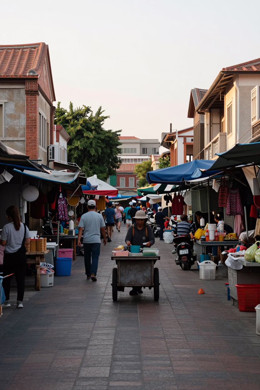 Late Morning Street Scene in Tainan Taiwan with Local Market Details in in Tainan, Taiwan
