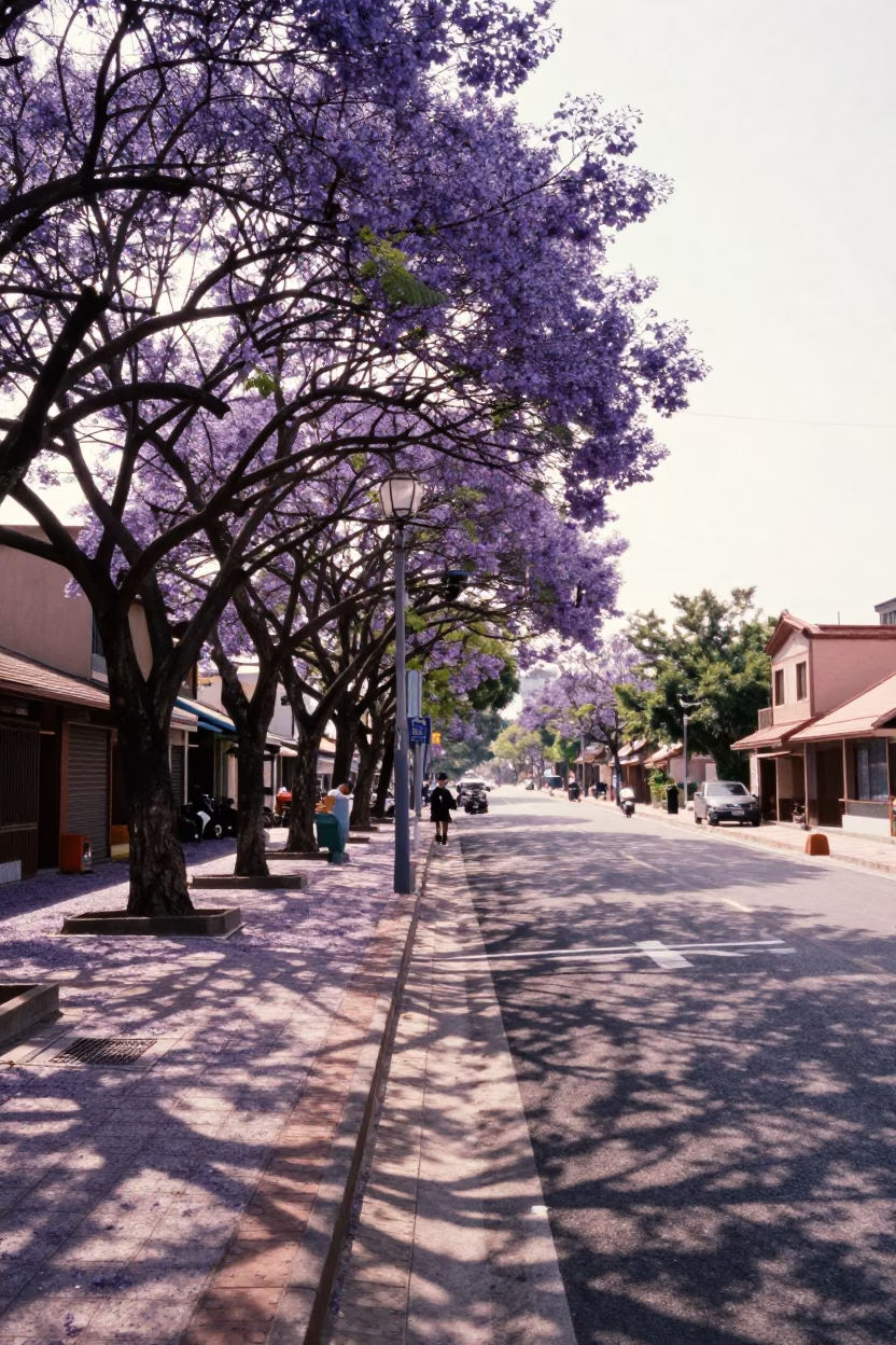 Late Morning Street Scene in Tainan Taiwan with Purple Jacaranda Blooms in in Tainan, Taiwan