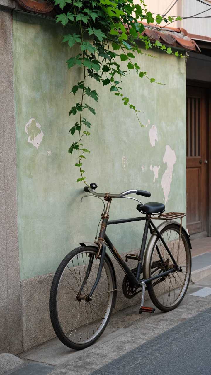 Late Morning Street Scene in Tainan Taiwan with Vine and Bicycle in in Tainan, Taiwan