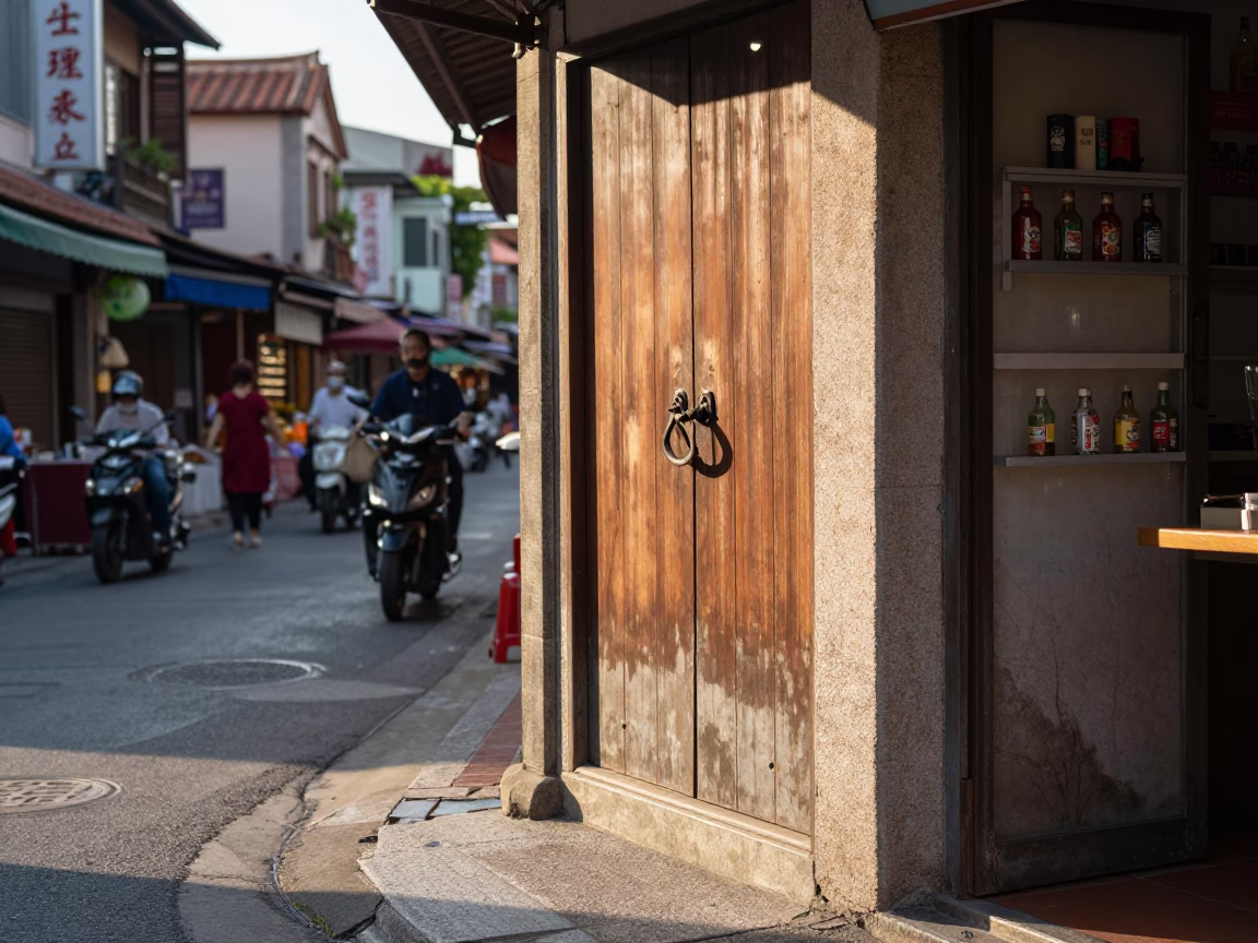 Late Morning Street Scene in Tainan Taiwan with Vintage Bottle and Iron Deadbolt Details in in Tainan, Taiwan