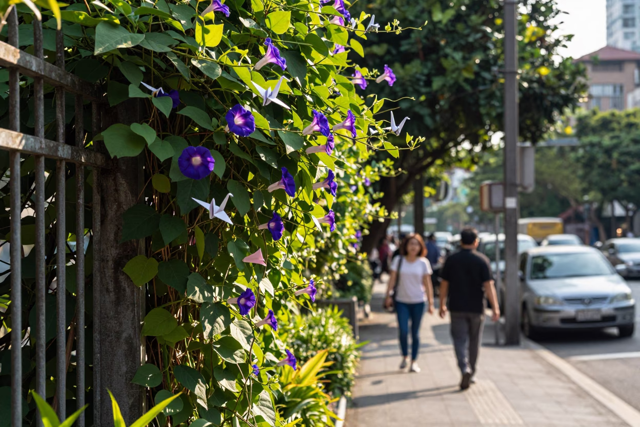 Late Morning Street Scene in Taipei Featuring Origami Crane and Morning Glory on Balcony in in Taipei, Taiwan