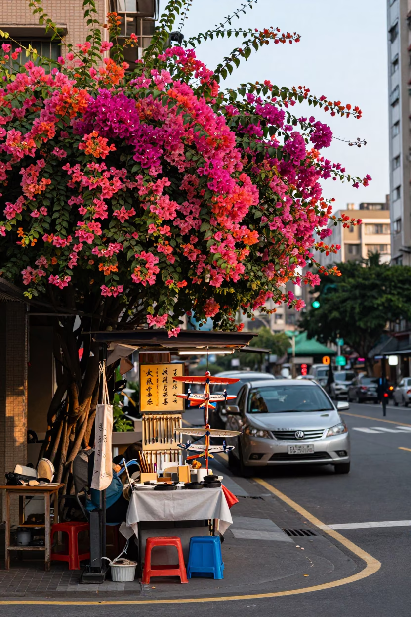 Late Morning Street Scene in Taipei Taiwan with Colorful Bougainvillea and Local Life in in Taipei, Taiwan
