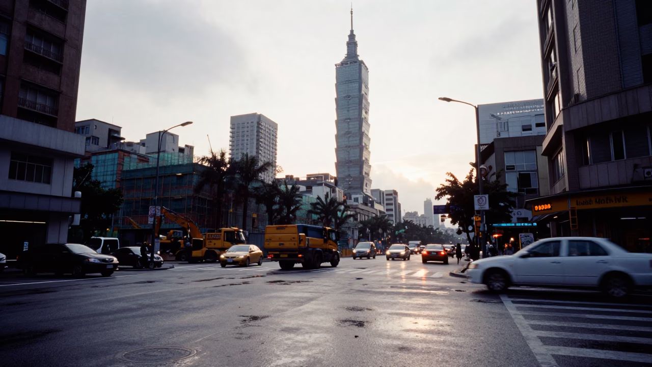 Late Morning Street Scene in Taipei Taiwan with Construction Activity and Urban Infrastructure in in Taipei, Taiwan