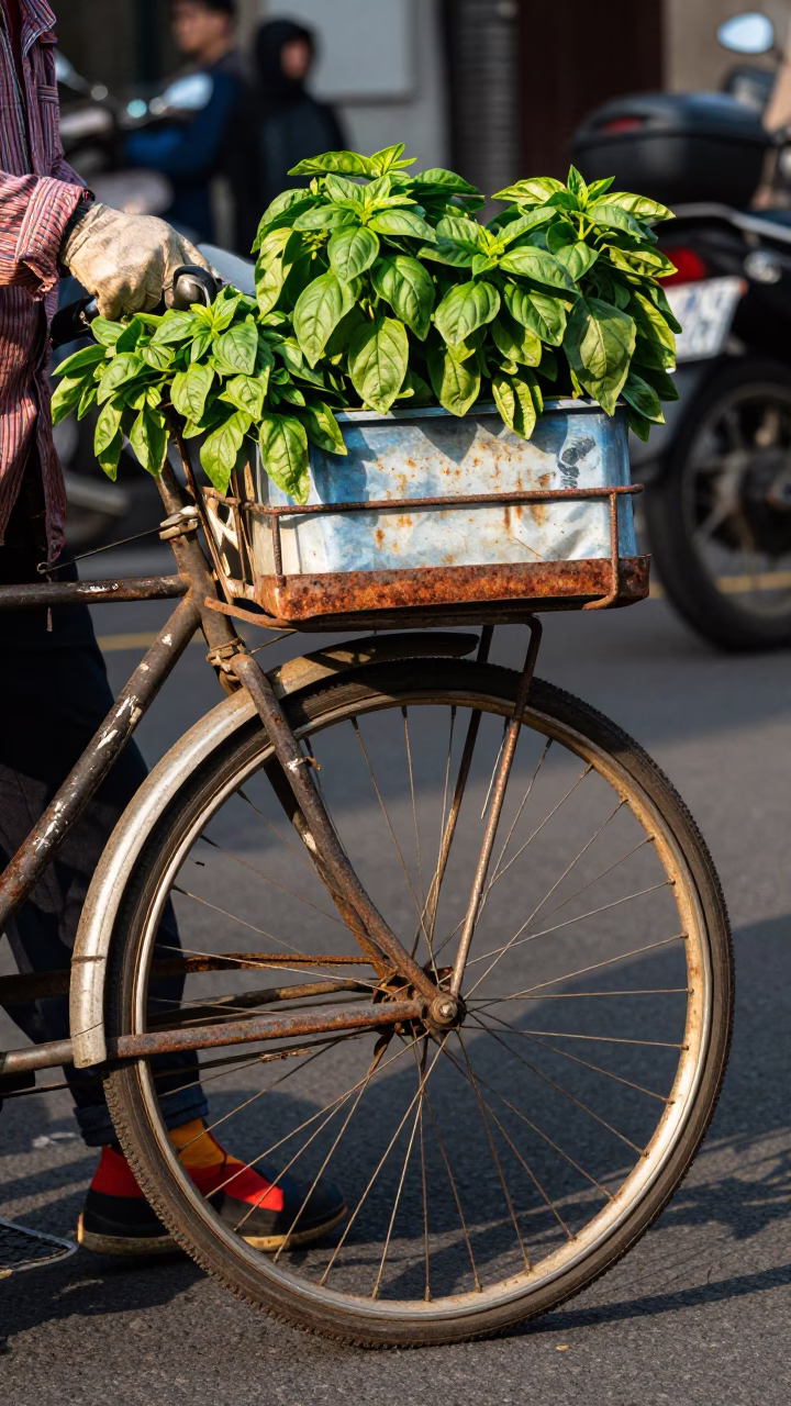 Late Morning Street Scene in Taipei Taiwan with Rusty Metal Rim and Basil Leaves in in Taipei, Taiwan