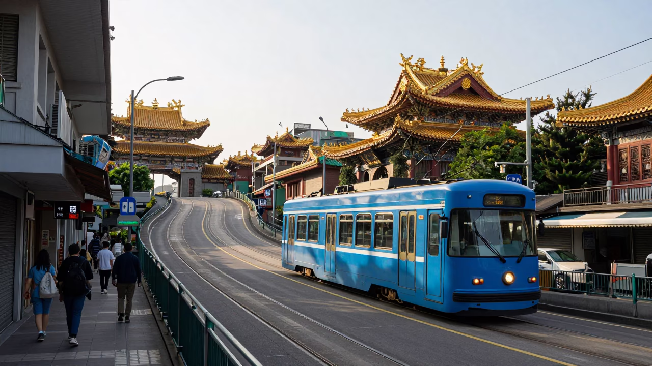 Late Morning Street Scene in Taipei Taiwan with Tram and Urban Details in in Taipei, Taiwan