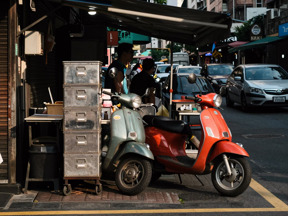 Late Morning Street Scene in Taipei Taiwan with Vintage Scooter and Local Market Details in in Taipei, Taiwan