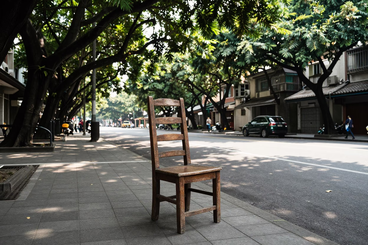 Late Morning Street Scene in Taipei with Ladder-Back Chair and Cherries in in Taipei, Taiwan