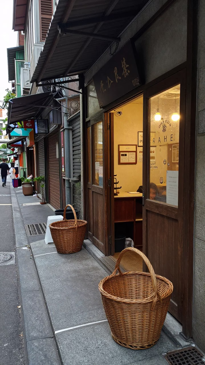 Late Morning Street Scene in Taipei with Wicker Basket and Umbrella Stand in in Taipei, Taiwan