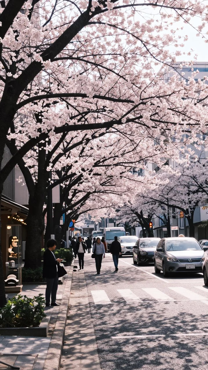 Late Morning Street Scene in Tokyo Japan with Cherry Blossoms and Glass Cloche in in Tokyo, Japan