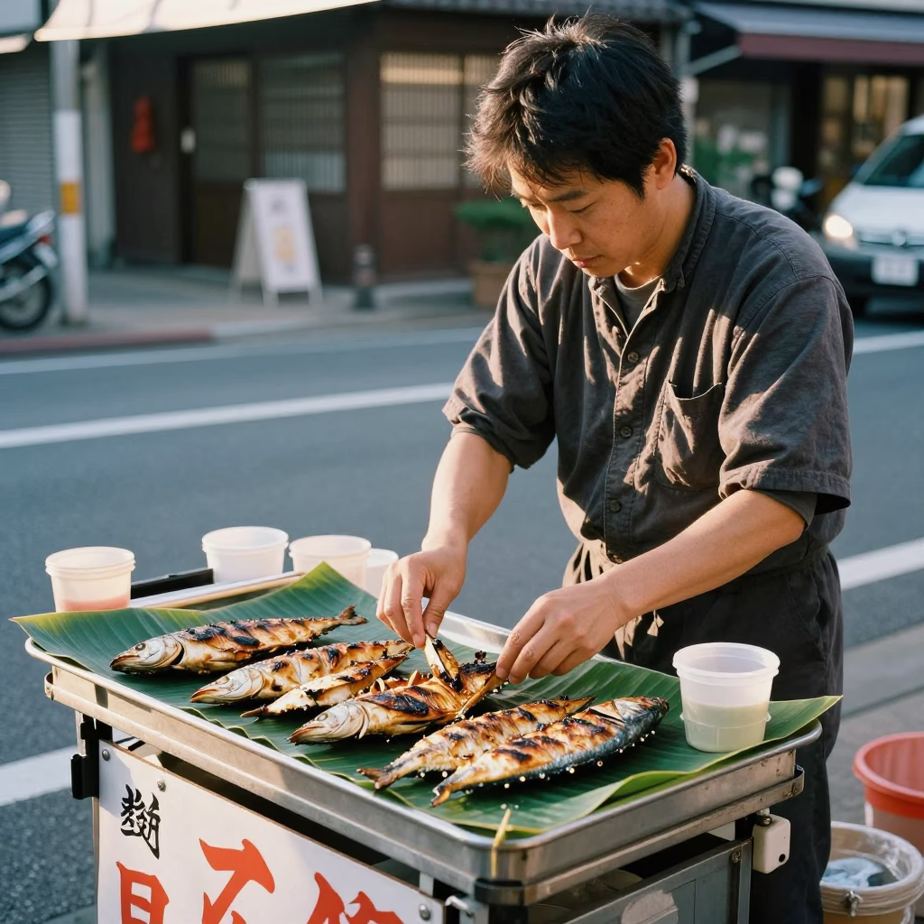 Late Morning Street Scene in Tokyo Japan with Grilled Fish and Condensation in in Tokyo, Japan