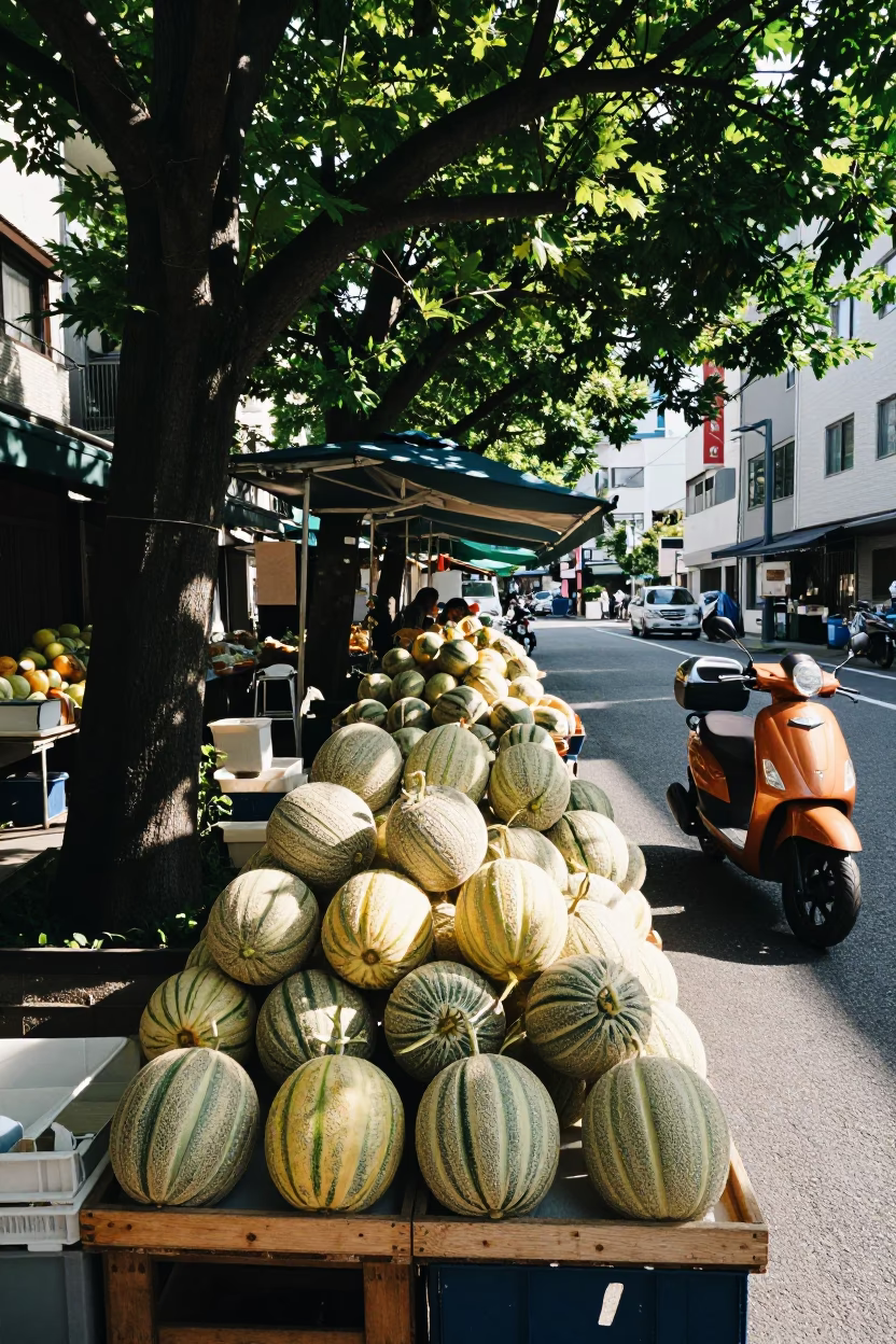 Late Morning Street Scene in Tokyo Japan with Melons and Scooter Traffic in in Tokyo, Japan