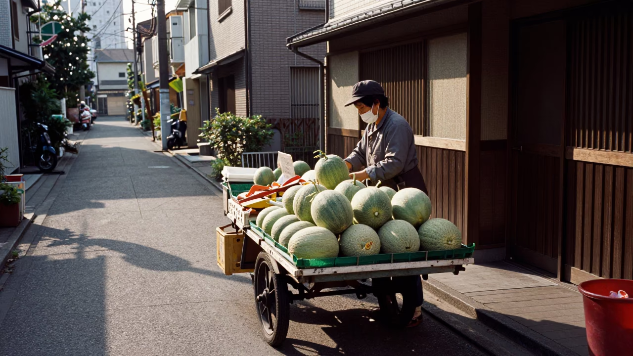 Late Morning Street Scene in Tokyo Japan with Melons and Urban Life in in Tokyo, Japan