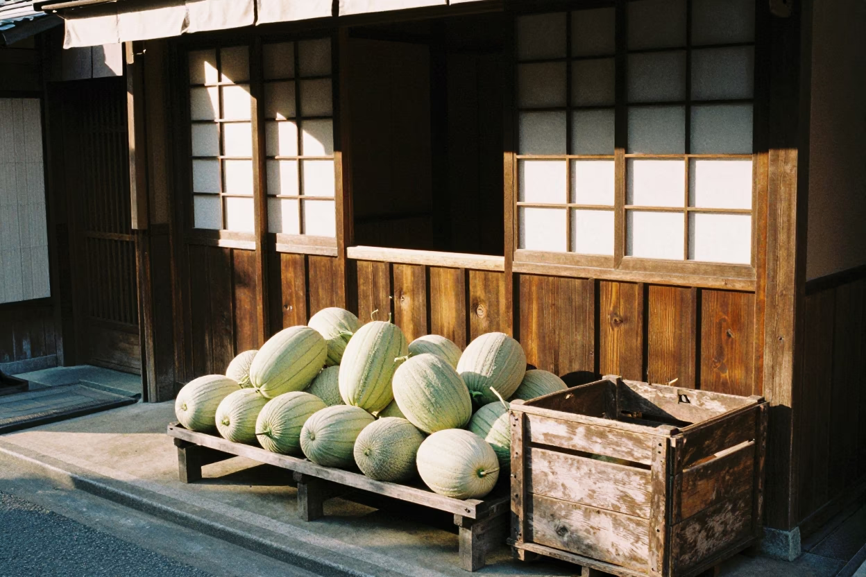 Late Morning Street Scene in Tokyo Japan with Melons and Wooden Crate in in Tokyo, Japan