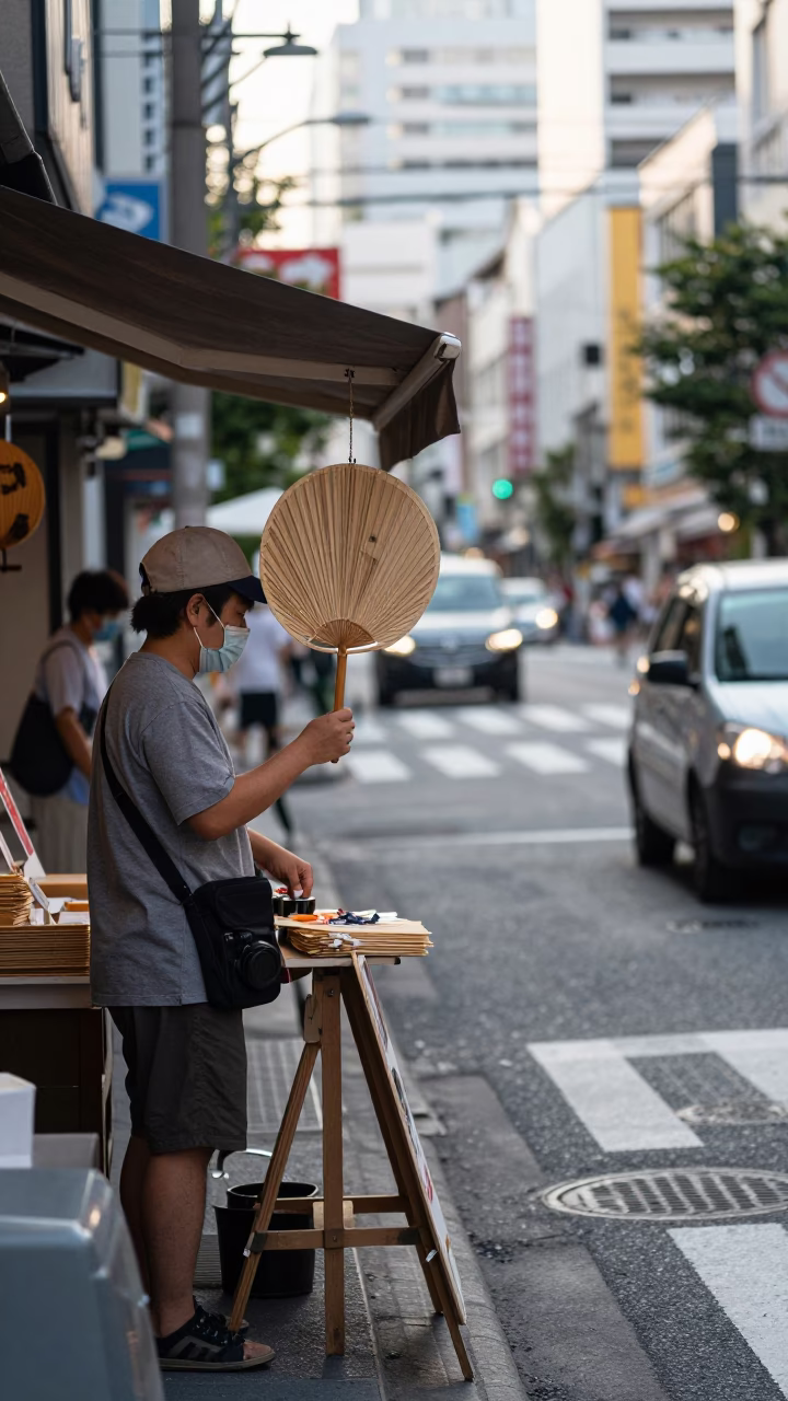 Late Morning Street Scene in Tokyo Japan with Paper Fan and Glass Jar in in Tokyo, Japan