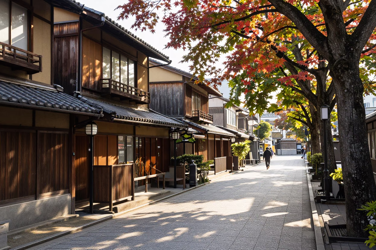 Late Morning Street Scene in Tokyo Japan with Traditional Architecture and Local Life in in Tokyo, Japan