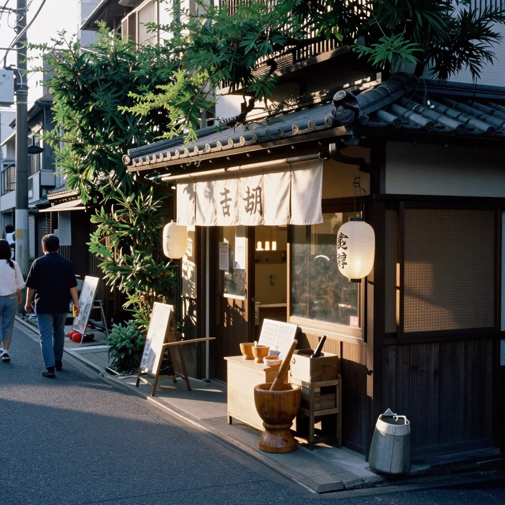 Late Morning Street Scene in Tokyo Japan with Traditional Shop Display in in Tokyo, Japan
