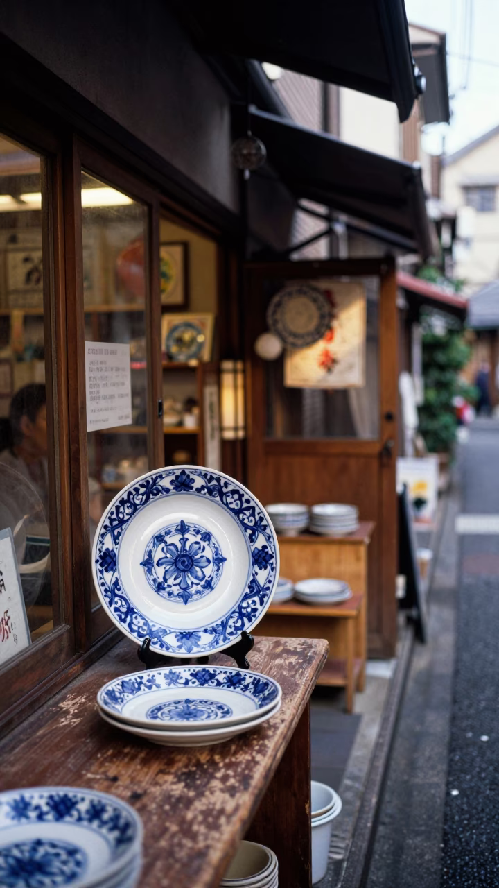 Late Morning Street Scene in Tokyo Japan with Vintage Majolica Plate and Wicker Shadow in in Tokyo, Japan