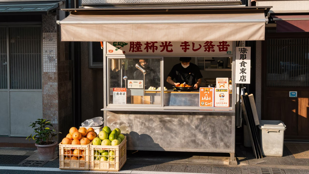 Late Morning Street Scene in Tokyo with Bibim Guksu and Fruit Crate in in Tokyo, Japan