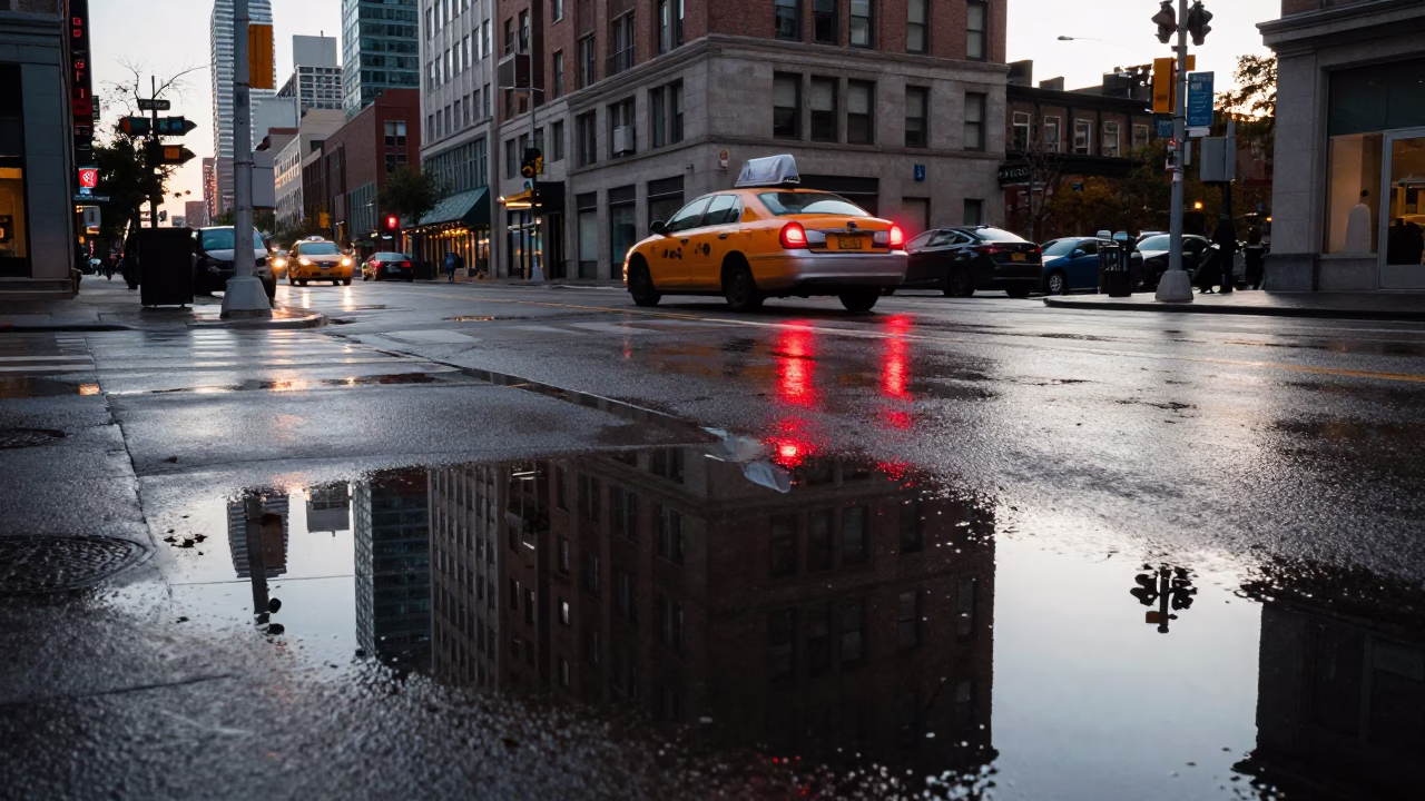 Late Morning Street Scene in Toronto Ontario With Puddle Reflections and Urban Architecture in in Toronto, Ontario, Canada