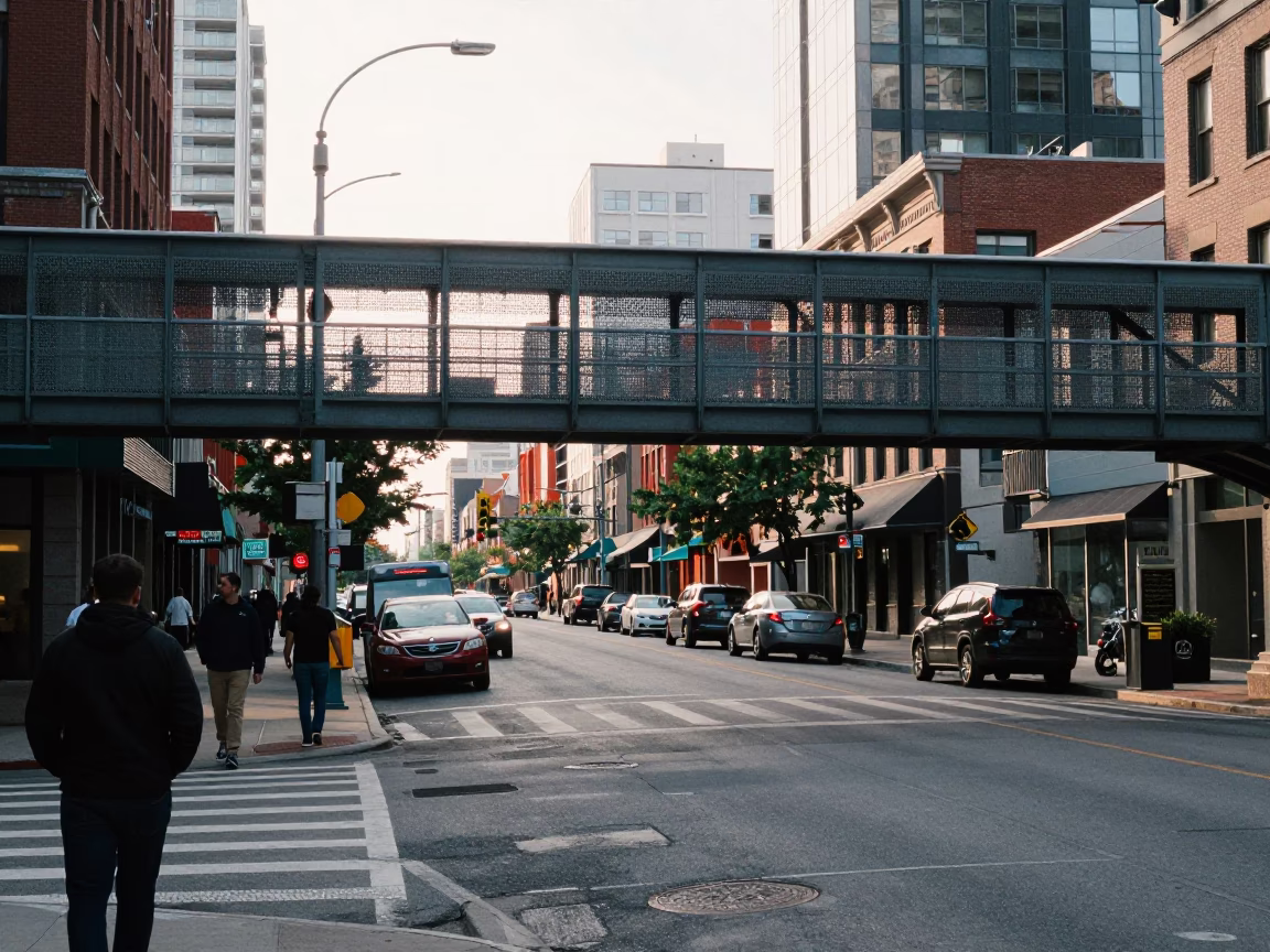 Late Morning Street Scene in Toronto with Pedestrian Overpass and Urban Details in in Toronto, Ontario, Canada