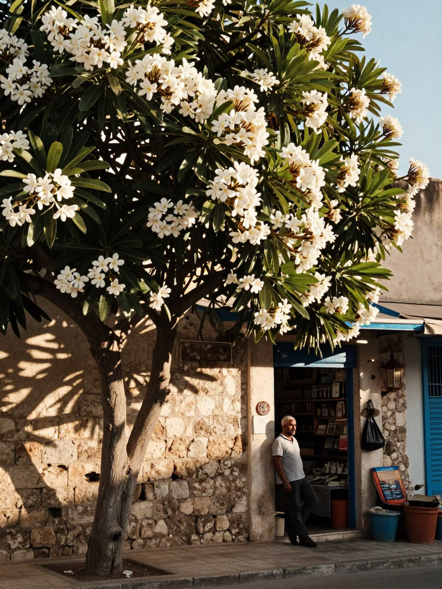 Late Morning Street Scene in Tunis Tunisia with Frangipani Tree and Brass Details in in Tunis, Tunisia
